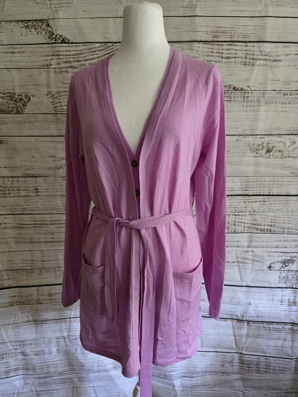 Talbots Lavender Tie-Waist Lounge Cardigan 100% Wool Knit Size Medium - Picture 3 of 6